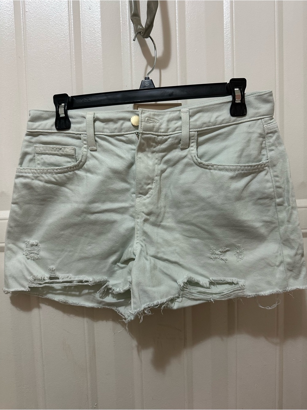 L'AGENCE Distressed Light Mint Denim Shorts